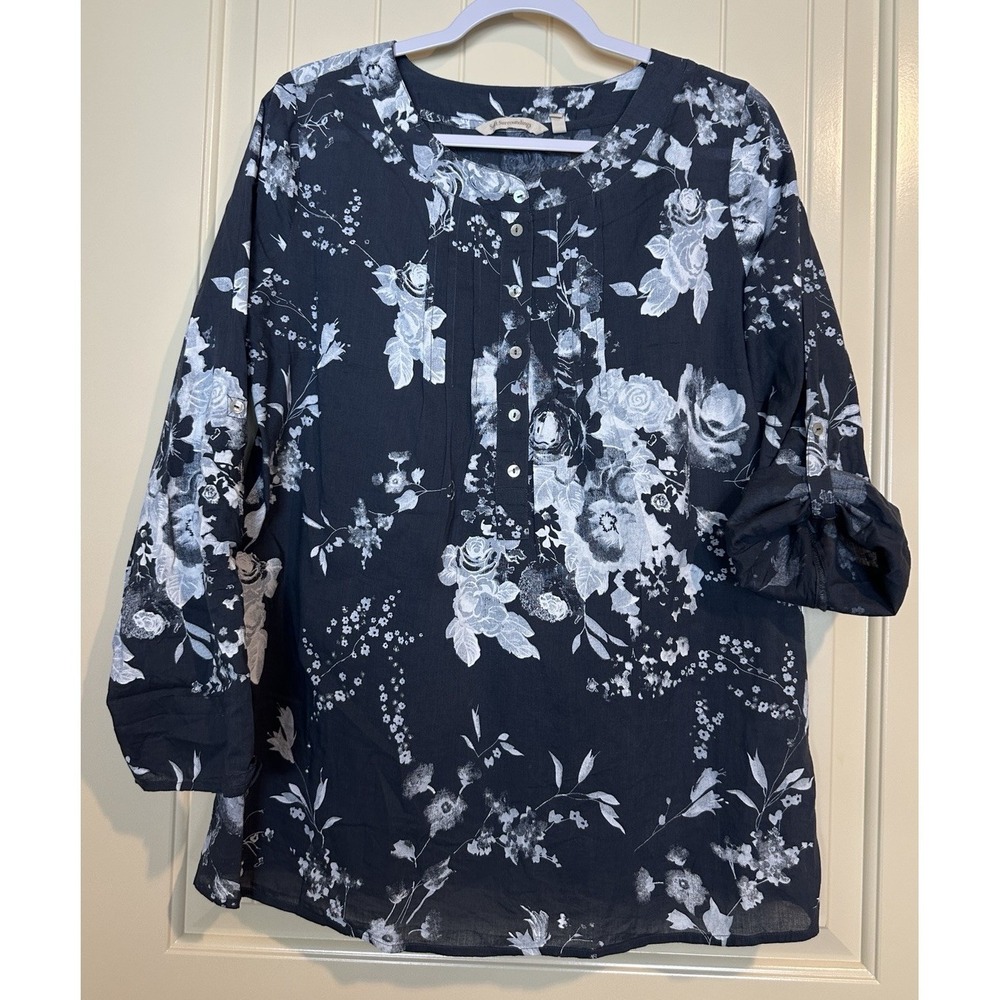 Soft Surroundings Tunic Top blouse with tank M Floral Pintuck Roll Tab Sleeve